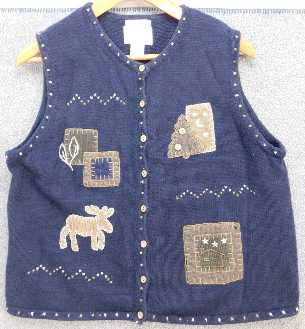 Christopher Banks Sweater Vest Women's M Navy Embroidered Cardigan Button Up VTG